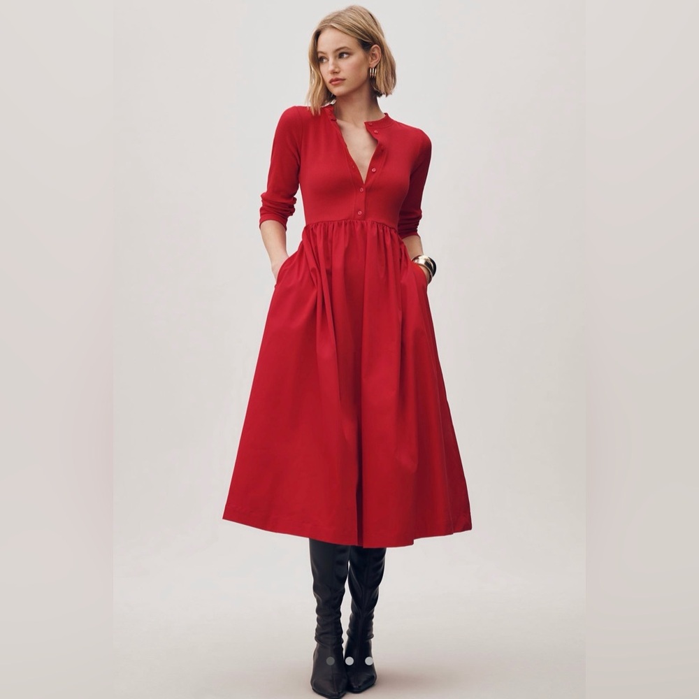 Maeve Red Henley Midi Dress with Pockets